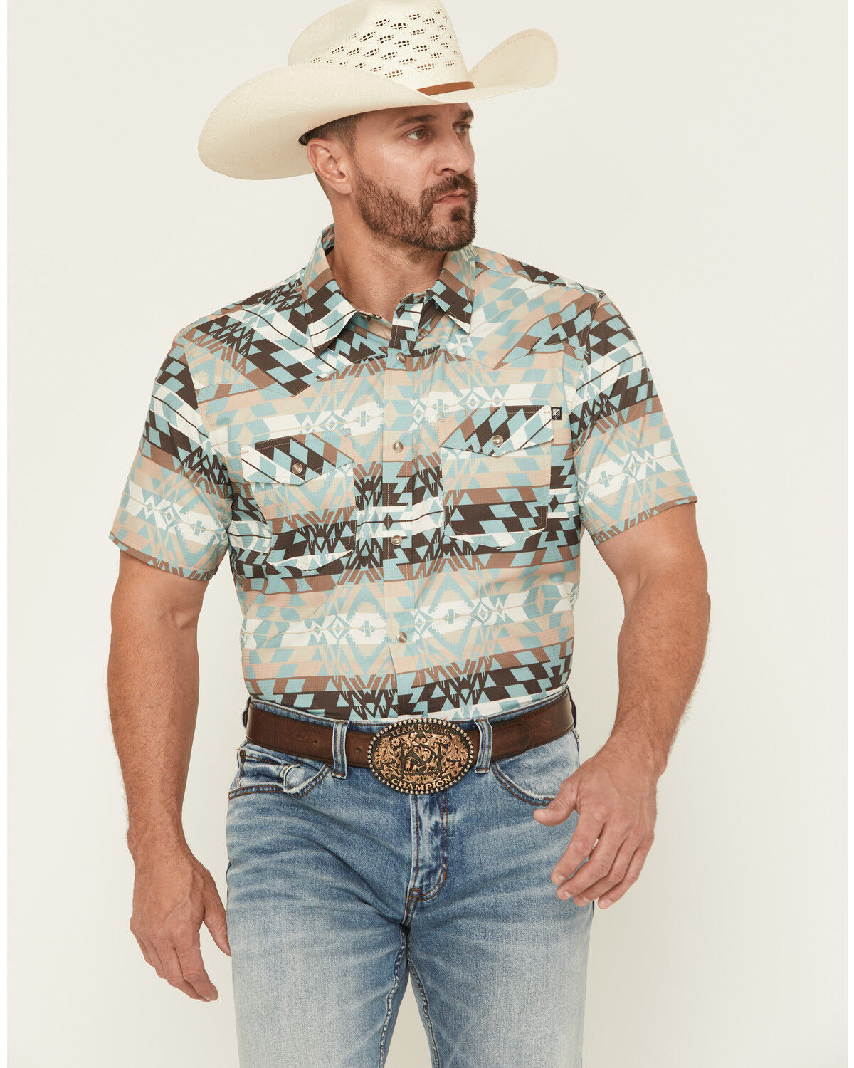 Image #1 - RANK 45® Men's Eagle Pass Southwestern Print Short Sleeve Snap Performance Western Shirt, Multi, hi-res