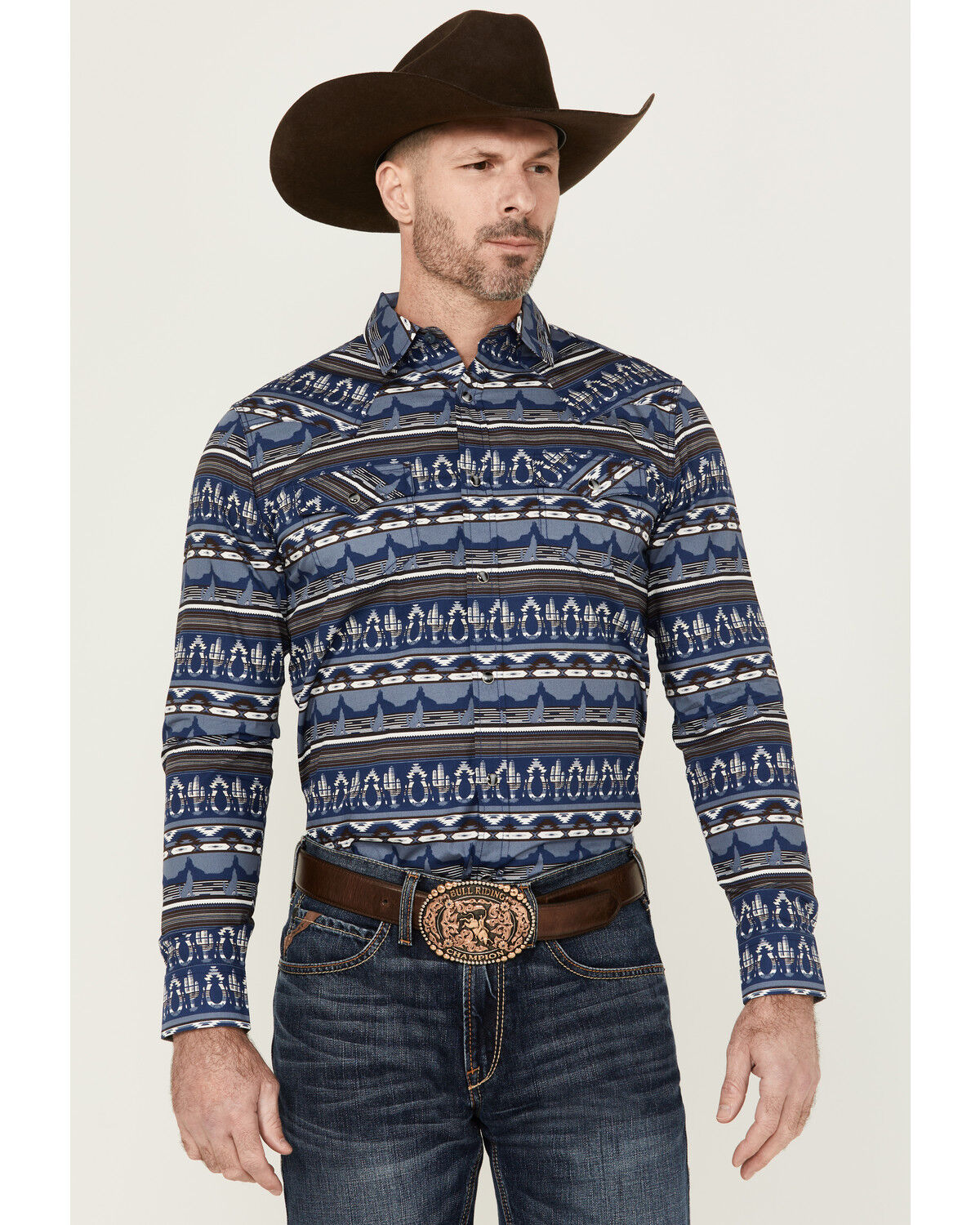 Image #1 - Cody James Men's Coyote Trail Southwestern Print Long Sleeve Snap Western Shirt, Light Blue, hi-res