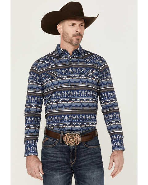 Image #1 - Cody James Men's Coyote Trail Southwestern Print Long Sleeve Snap Western Shirt , Light Blue, hi-res