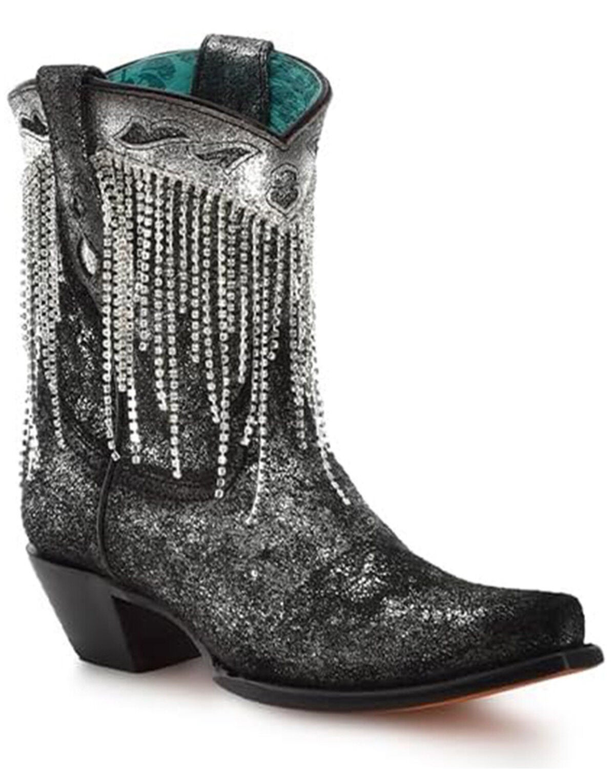 Corral Women's Overlay Crystal Fringe Booties - Snip Toe, Silver, hi-res