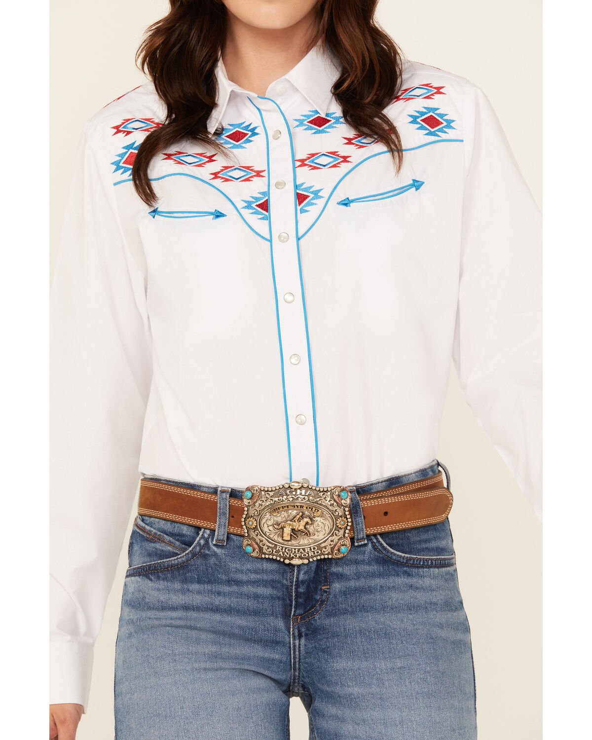 Image #3 - Rodeo Clothing Women's Southwestern Embroidered Long Sleeve Snap Western Shirt, White, hi-res