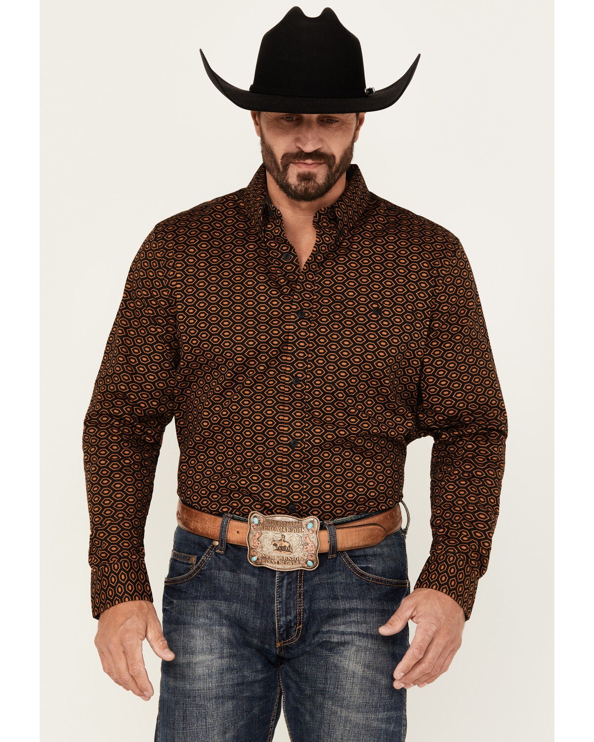 Image #1 - RANK 45&reg; Men's Trench Jacquard Geo Print Long Sleeve Button-Down Stretch Western Shirt, Black, hi-res