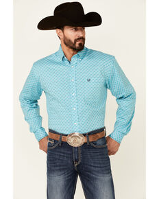 Rough Stock By Panhandle Men's Turquoise Geo Print Long Sleeve Button-Down Western Shirt , Turquoise, hi-res