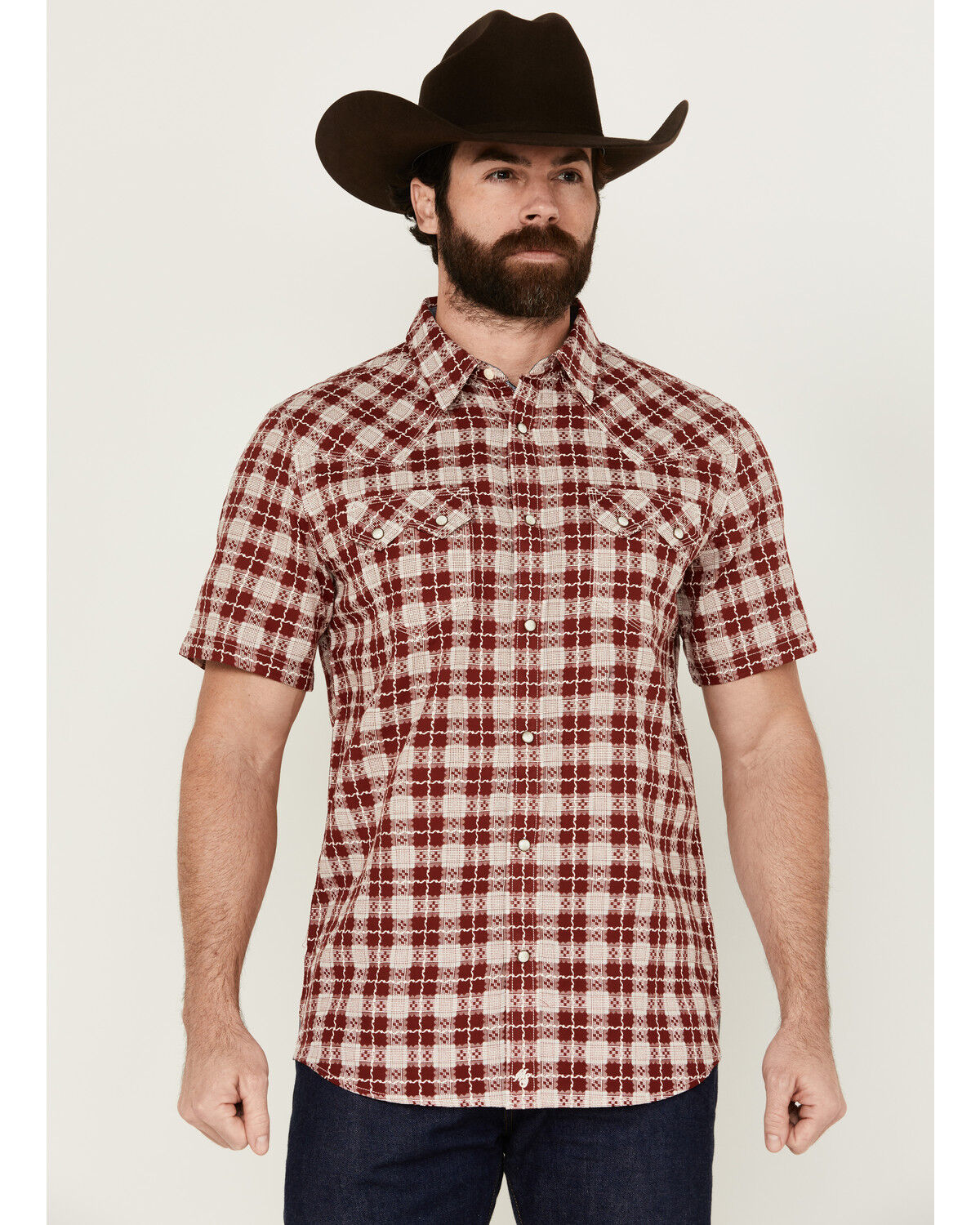Image #1 - Moonshine Spirit Men's Legend Plaid Print Short Sleeve Snap Western Shirt, Burgundy, hi-res