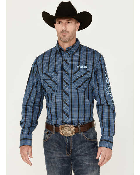 Wrangler Men's Logo Plaid Print Long Sleeve Button-Down Western Shirt, Blue, hi-res