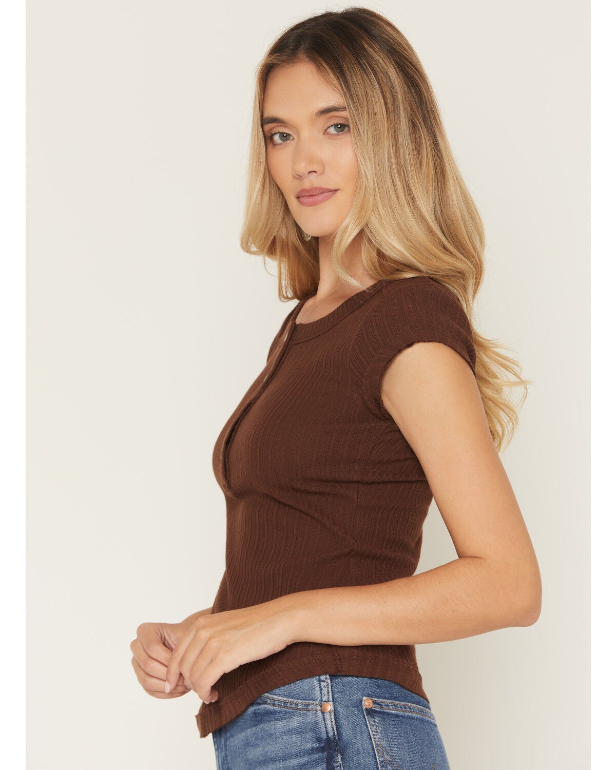Image #2 - Shyanne Women's Solid Short Sleeve 1/4 Button-Down Shirt, Chocolate, hi-res