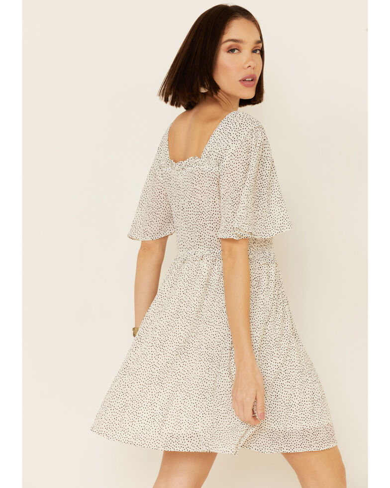 Very J Women's Flutter Sleeve Polka Dot Print Dress, White, hi-res