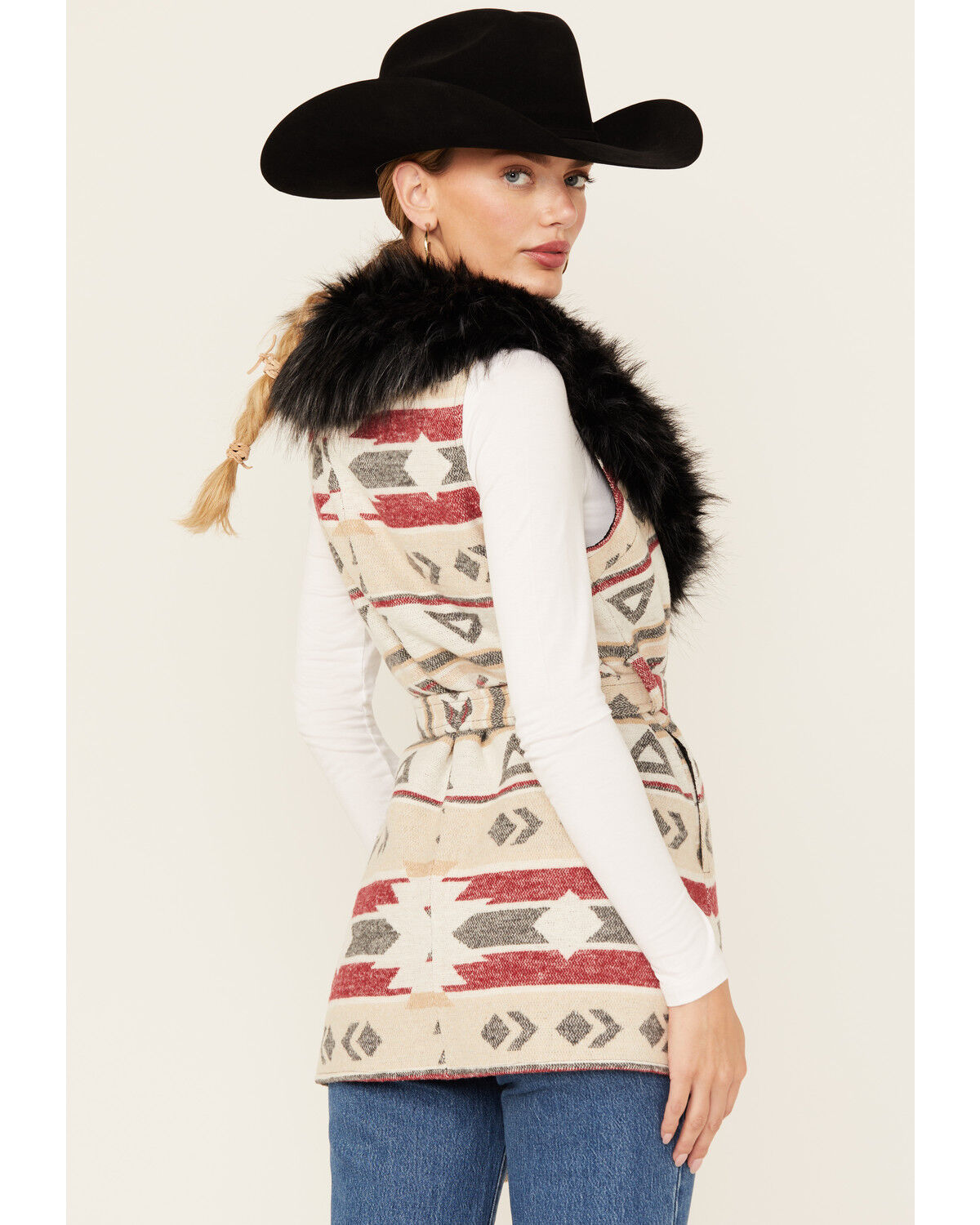 Image #4 - Cripple Creek Women's Southwestern Print Fur Collar Wrap Vest, Cream, hi-res