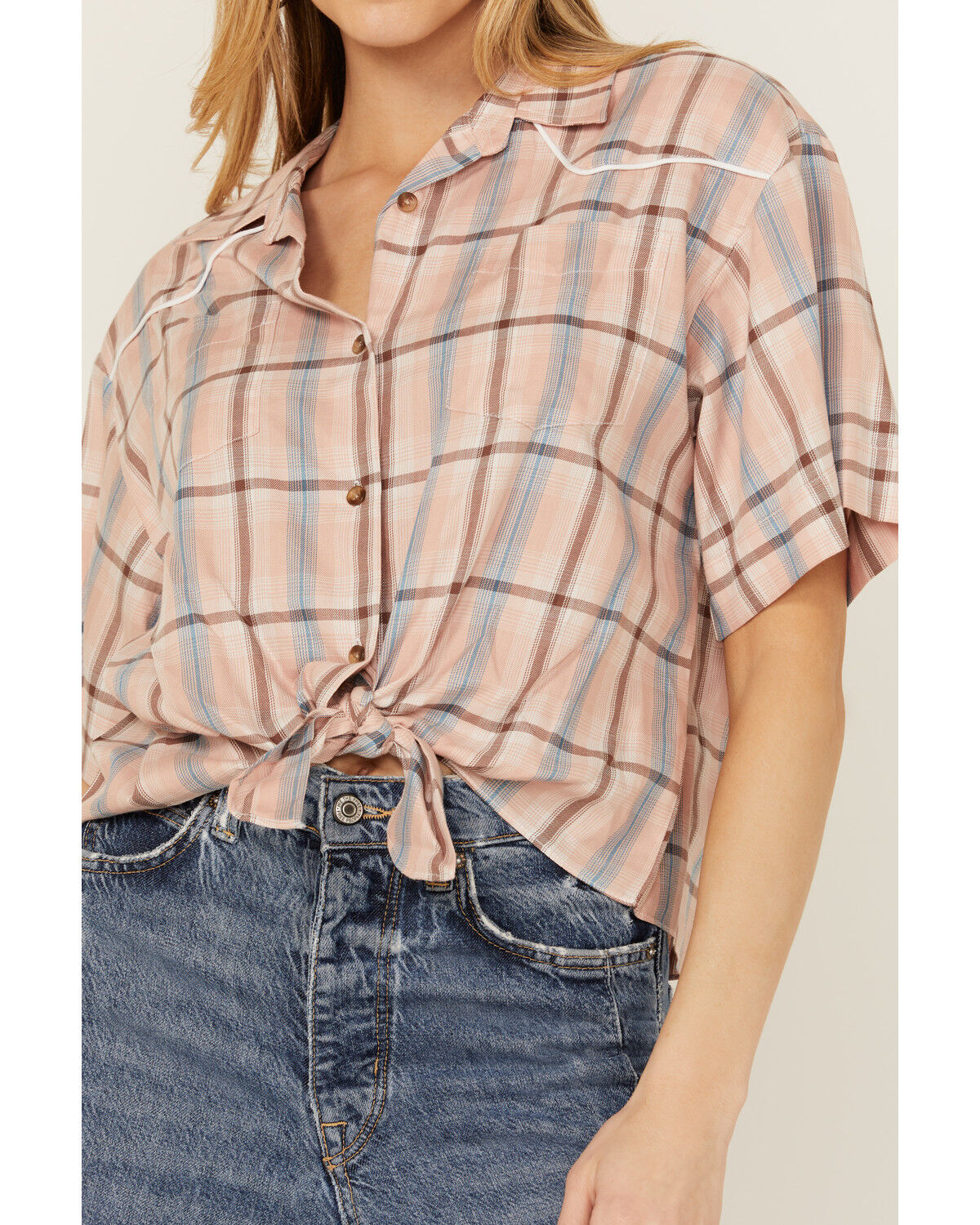 Image #3 - Cumberland Outfitters Women's Plaid Print Short Sleeve Button-Down Western Shirt, Peach, hi-res