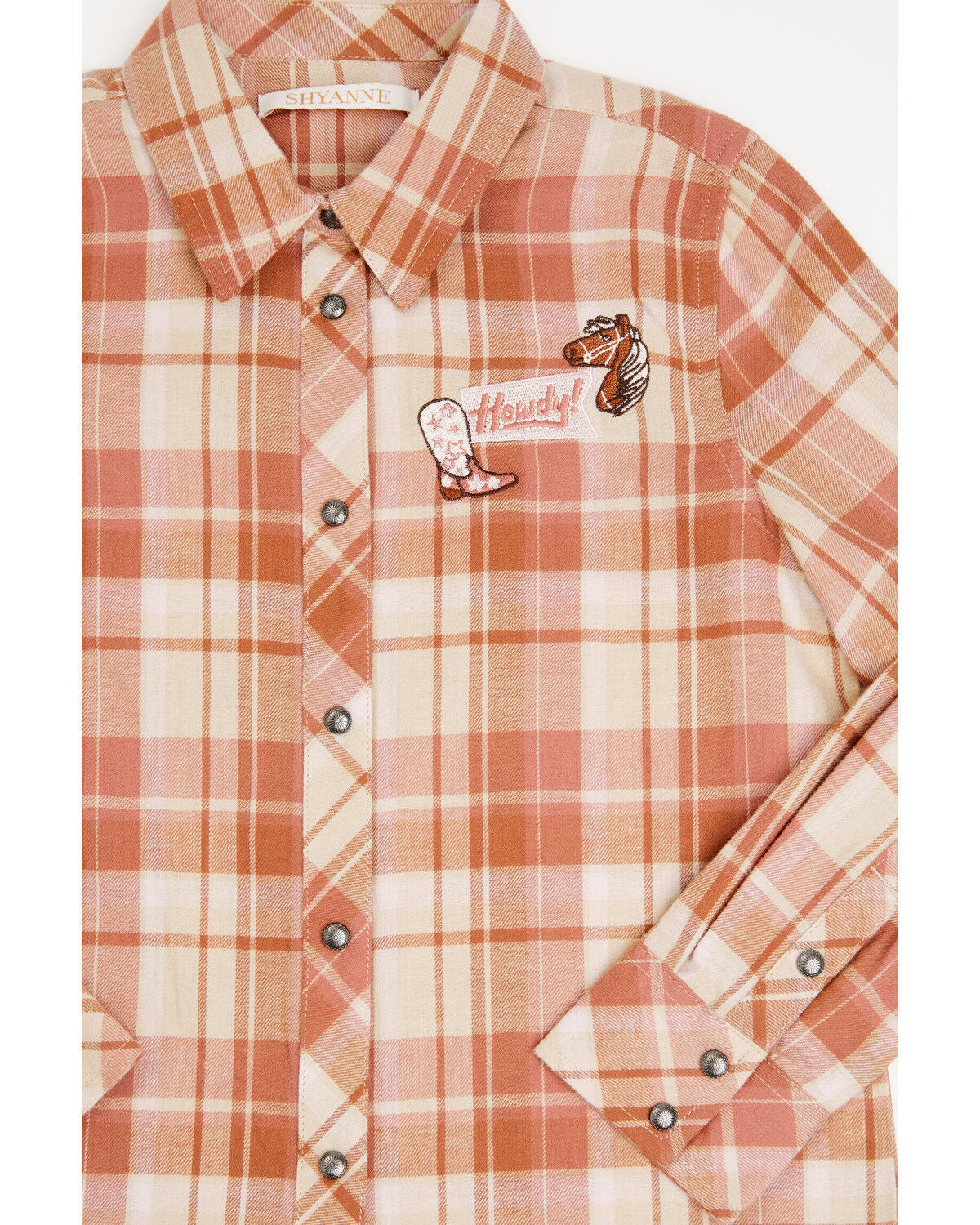 Image #2 - Shyanne Girls' Blair Plaid Print Embroidered Long Sleeve Snap Flannel Shirt, Rose, hi-res