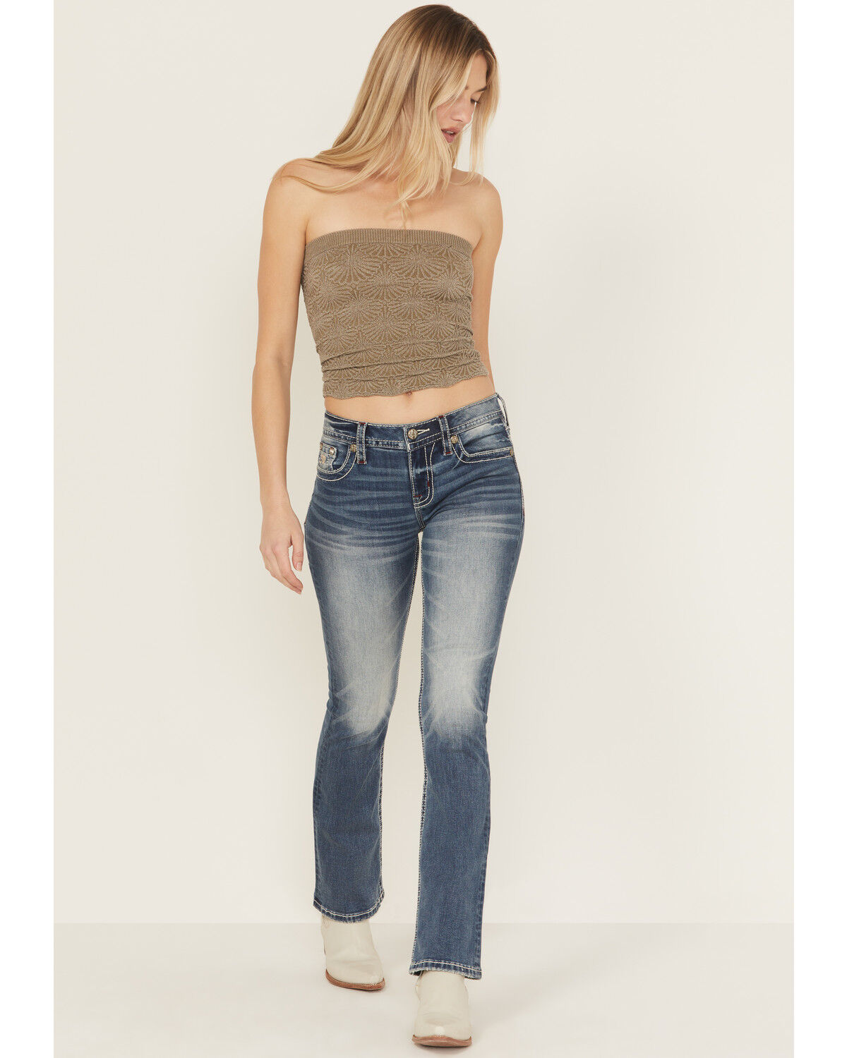 Image #3 - Miss Me Women's Medium Wash Mid Rise Embroidered Bootcut Stretch Denim Jeans, Medium Wash, hi-res