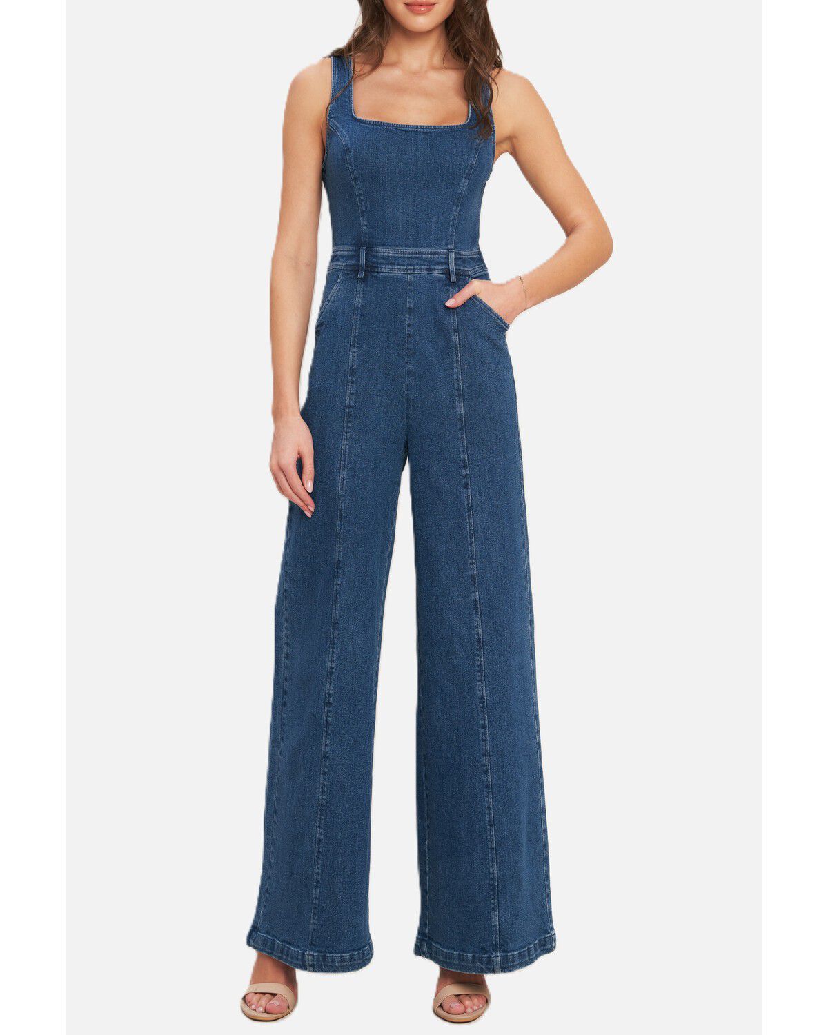 Flying Tomato Women's Dark Wash Sleeveless Front Seam Denim Jumpsuit, Dark Wash, hi-res