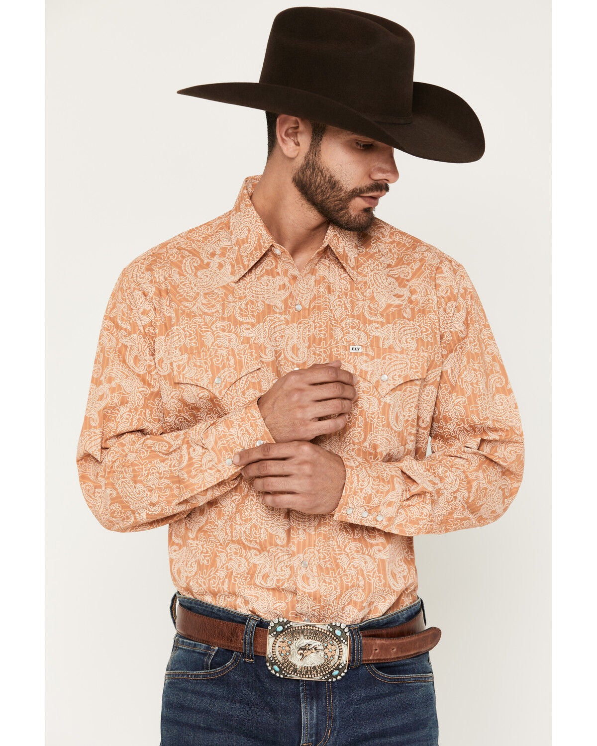 Ely Walker Men's Paisley Print Long Sleeve Pearl Snap Western Shirt, Gold, hi-res