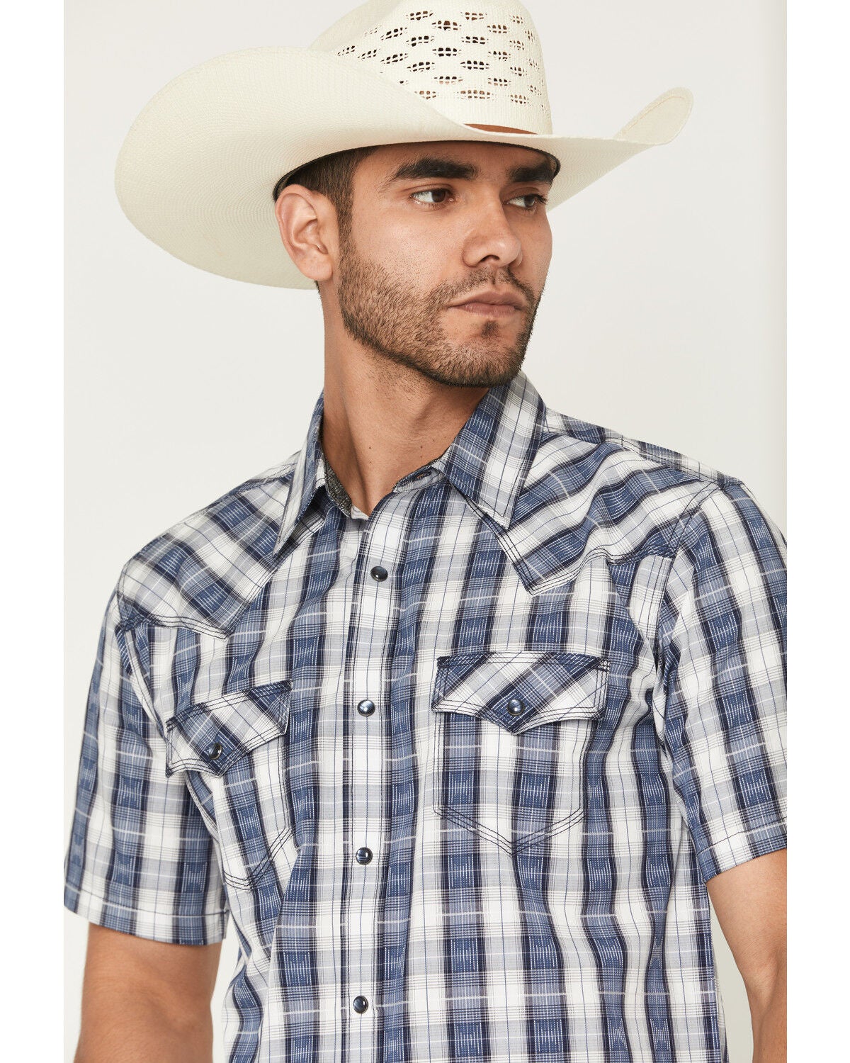 Image #2 - Moonshine Spirit&reg; Men's Desert Willow Plaid Print Short Sleeve Pearl Snap Western Shirt, Blue, hi-res