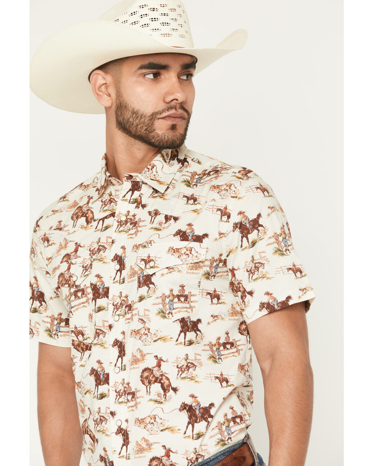 Image #2 - Pendleton Men's Laramie Wild Horse Print Short Sleeve Snap Western Shirt, Cream, hi-res