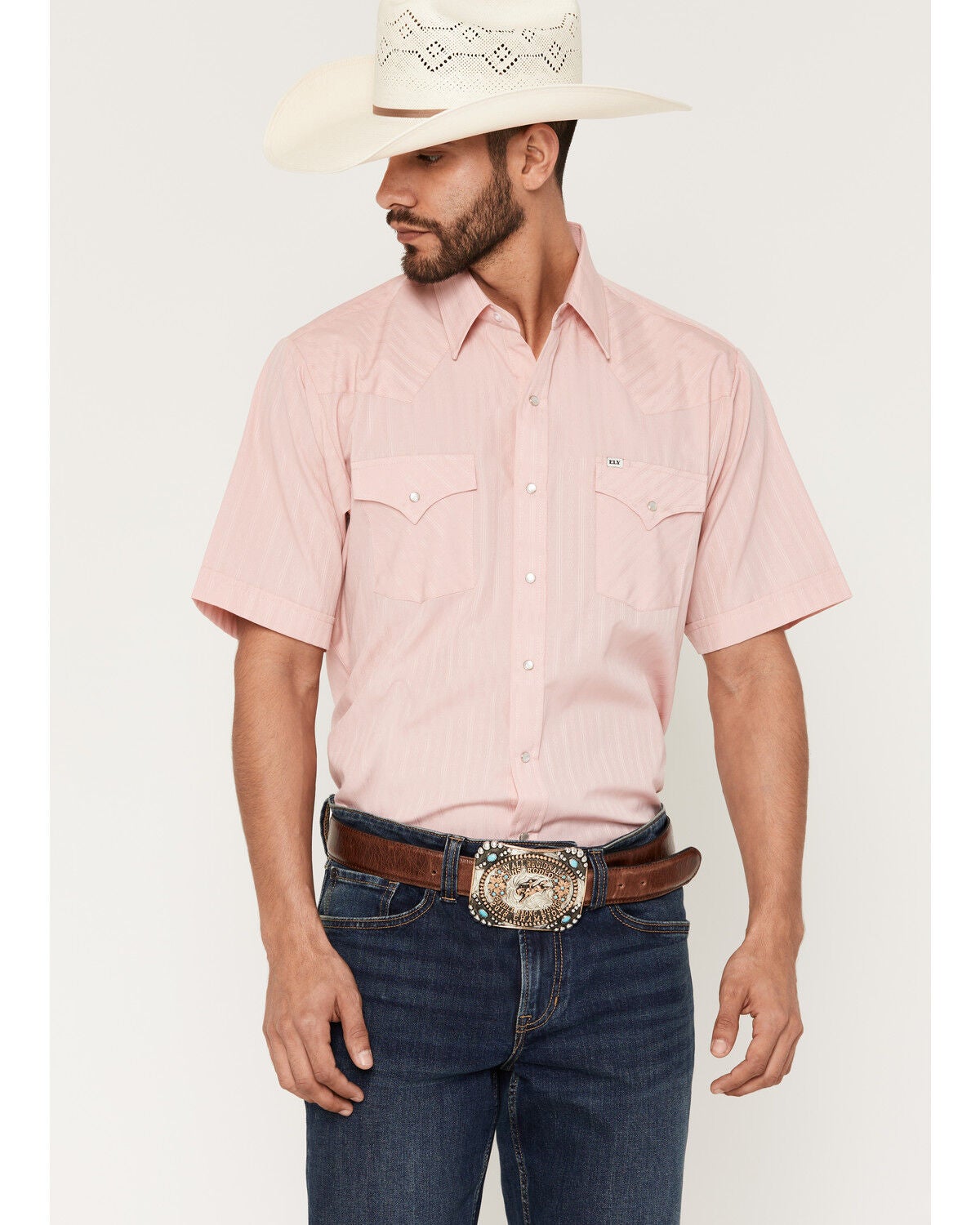Ely Walker Men's Tonal Striped Short Sleeve Pearl Snap Western Shirt, Pink, hi-res