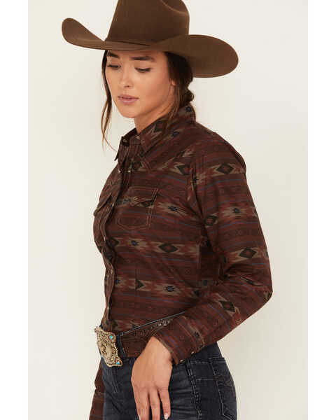 Cumberland Outfitters Women's Southwestern Stripe Print Long Sleeve Snap Western Shirt, Burgundy, hi-res