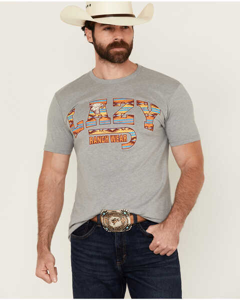 Lazy J Ranch Wear Men's Southwestern Fill Logo Short Sleeve Graphic T-Shirt , Grey, hi-res