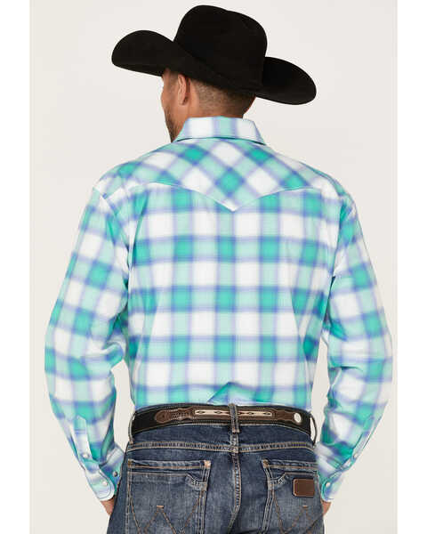 Image #4 - Rough Stock By Panhandle Men's Stretch Ombre Plaid Long Sleeve Pearl Snap Western Shirt , Aqua, hi-res