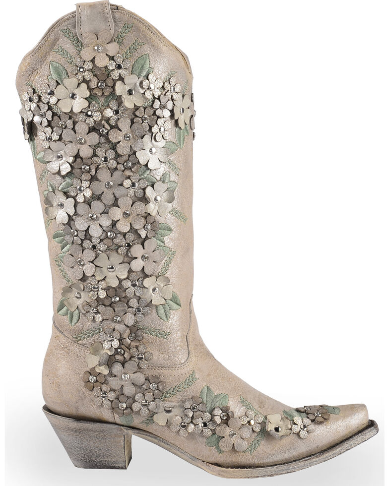 Corral Women's White Floral Overlay Embroidered Stud and Crystals Cowgirl Boots - Snip Toe, White, hi-res