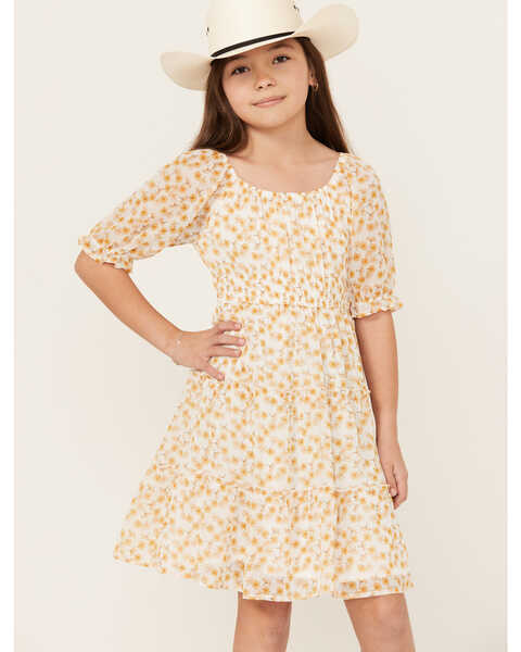 Trixxi Girls' Daisy Print Ruffle Dress, Yellow, hi-res