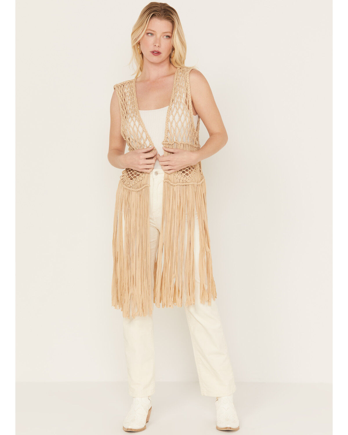 Image #1 - Shyanne Women's Macrame Fringe Vest, Taupe, hi-res