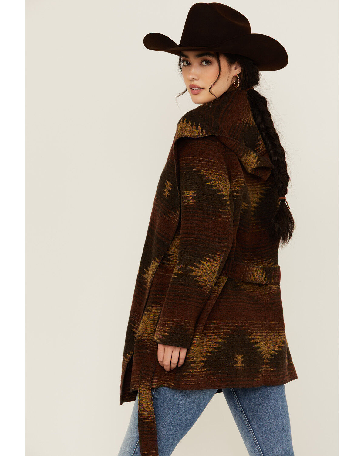 Image #4 - Cripple Creek Women's Southwestern Print Hooded Wrap Jacket, Brown, hi-res