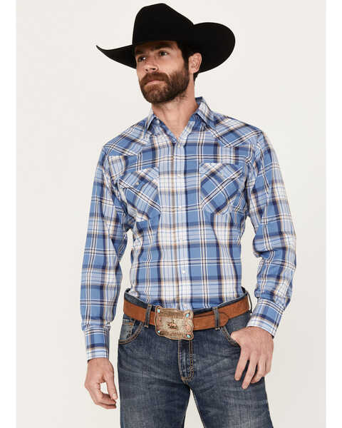 Image #1 - Ely Walker Men's Plaid Print Long Sleeve Pearl Snap Western Shirt - Tall, Blue, hi-res
