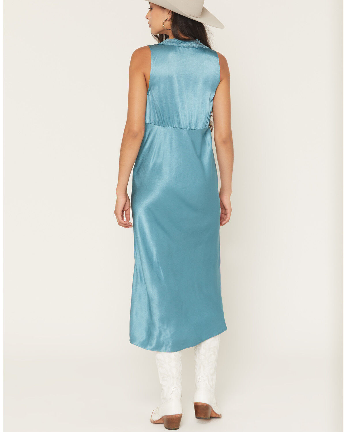 Image #4 - Shyanne Women's Satin Lace Trim Sleeveless Button-Down Midi Dress, Turquoise, hi-res