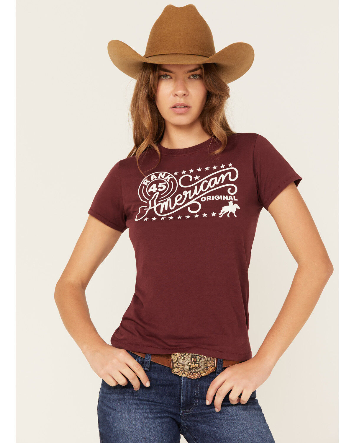 Image #1 - RANK 45® Women's American Original Short Sleeve Graphic Tee, Burgundy, hi-res