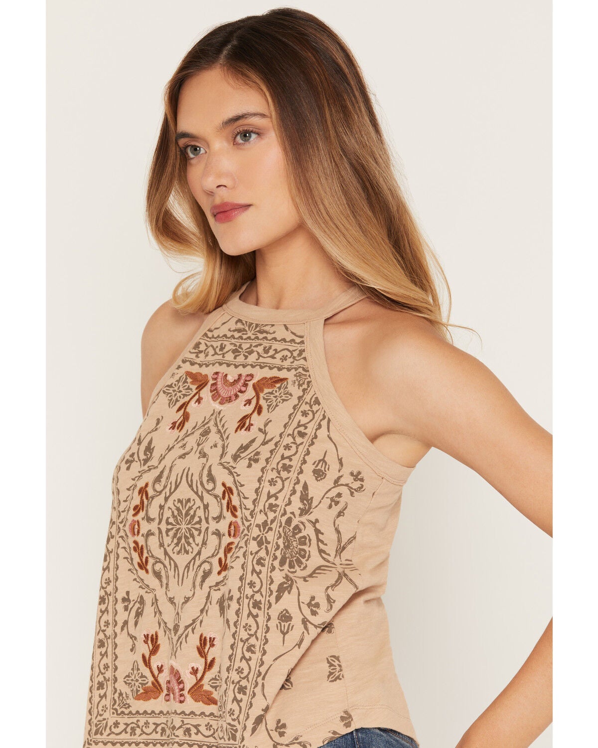 Image #2 - Shyanne Women's Wren Embroidered Hanky Hem Tank, Khaki, hi-res