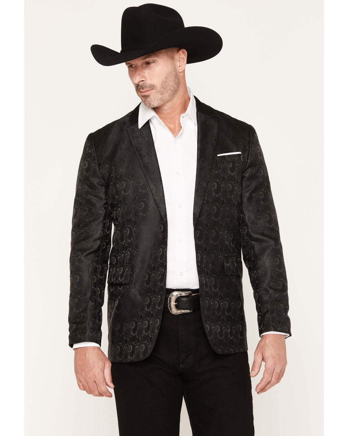 Rock & Roll Denim Men's Paisley Print Satin Sportcoat, Black, hi-res