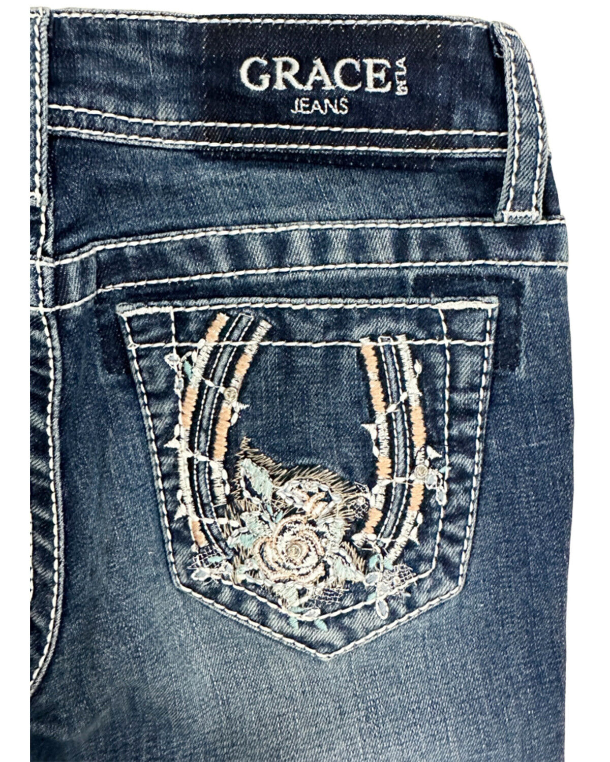 Image #3 - Grace in LA Girls' Dark Wash Floral Horseshoe Pocket Bootcut Stretch Denim Jeans, Dark Wash, hi-res