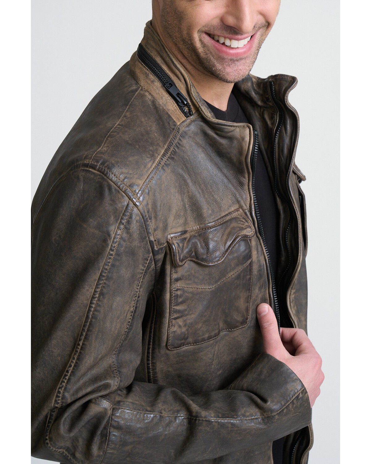 Image #2 - Mauritius Leather Men's Cove Leather Jacket, Grey, hi-res
