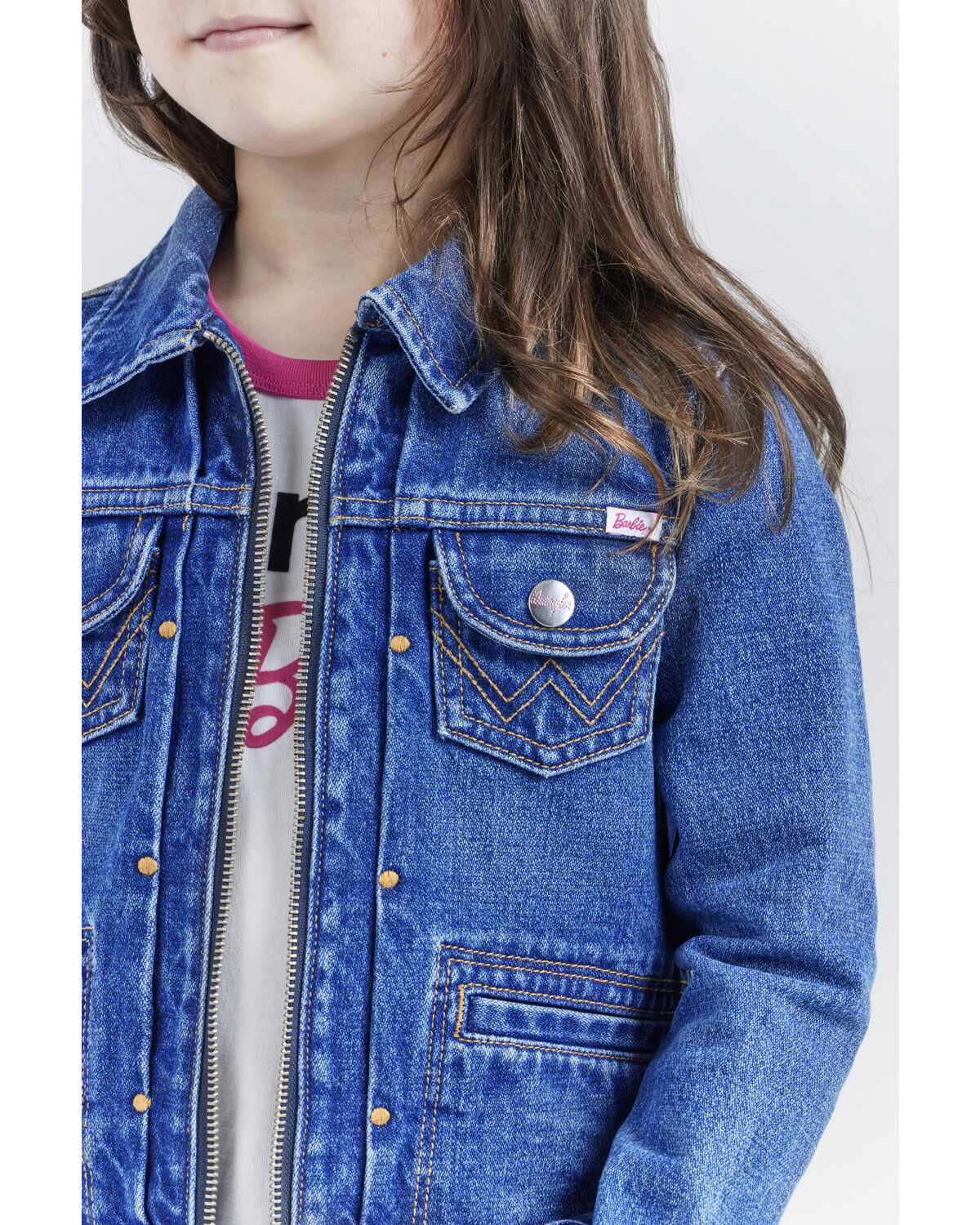 Image #4 - Wrangler® X Barbie™ Girls' Medium Wash Zip-Up Logo Denim Jacket, , hi-res