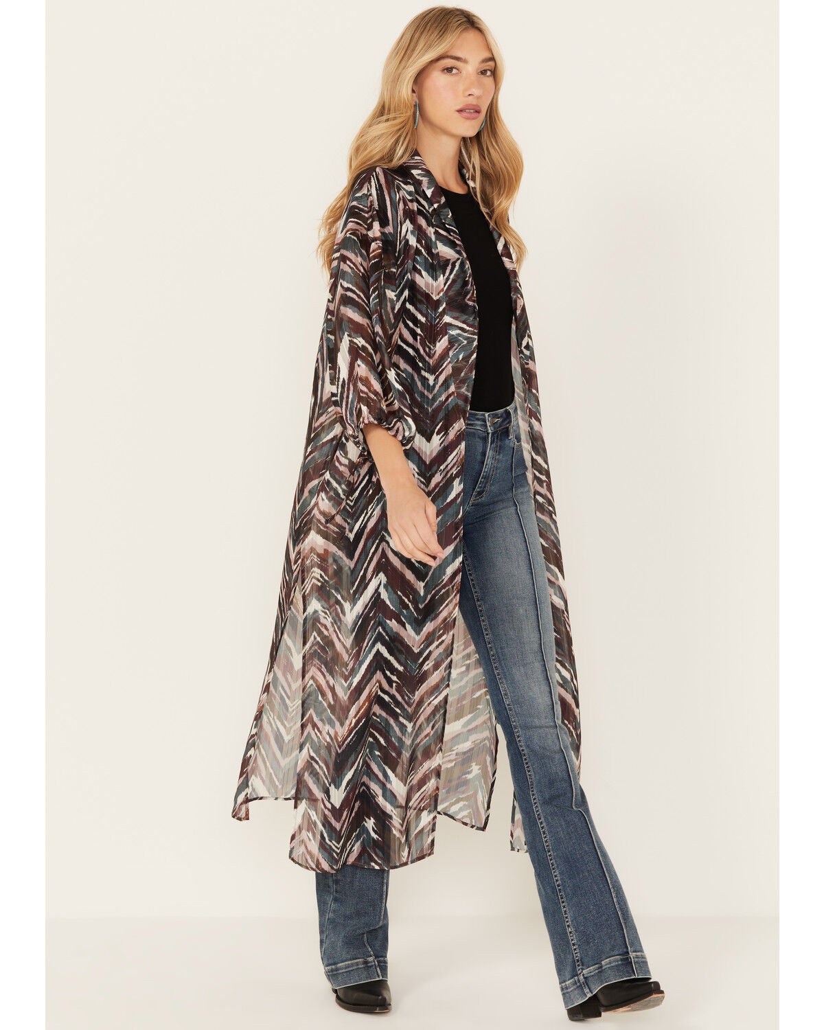 Shyanne Women's Printed Maxi Kimono, Maroon, hi-res