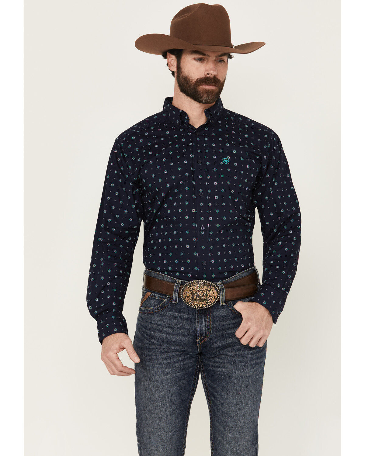 Image #1 - Ariat Men's Jacobi Geo Print Long Sleeve Button-Down Western Shirt - Big, Navy, hi-res