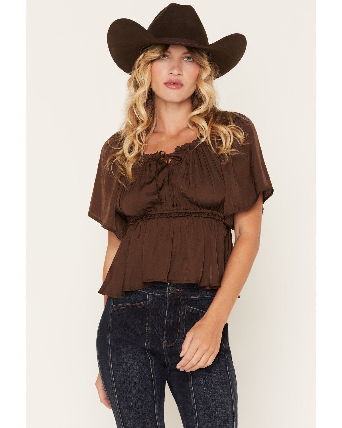 Image #1 - Shyanne Women's Hailey Satin Flounce Short Sleeve Peasant Blouse, Cognac, hi-res