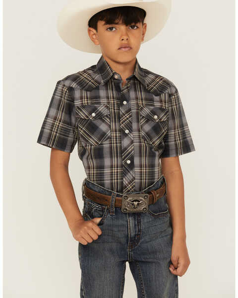 Roper Boys' Classic Plaid Print Short Sleeve Snap Western Shirt, Black, hi-res