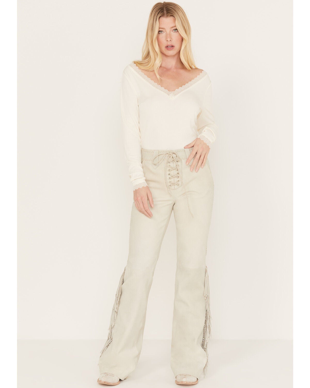 Idyllwind Women's Huntsville High Rise Leather Fringe Flare Pants, Stone, hi-res