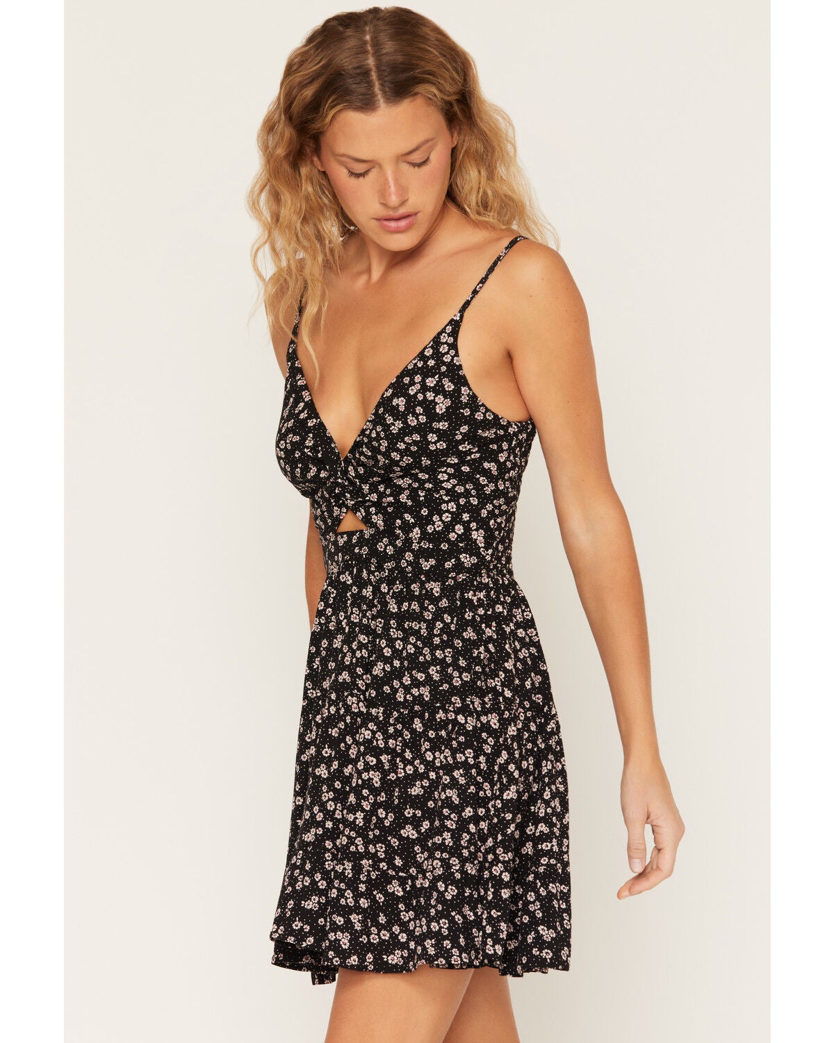Image #2 - Angie Women's Sleeveless Floral Twist Front Mini Dress, Black, hi-res