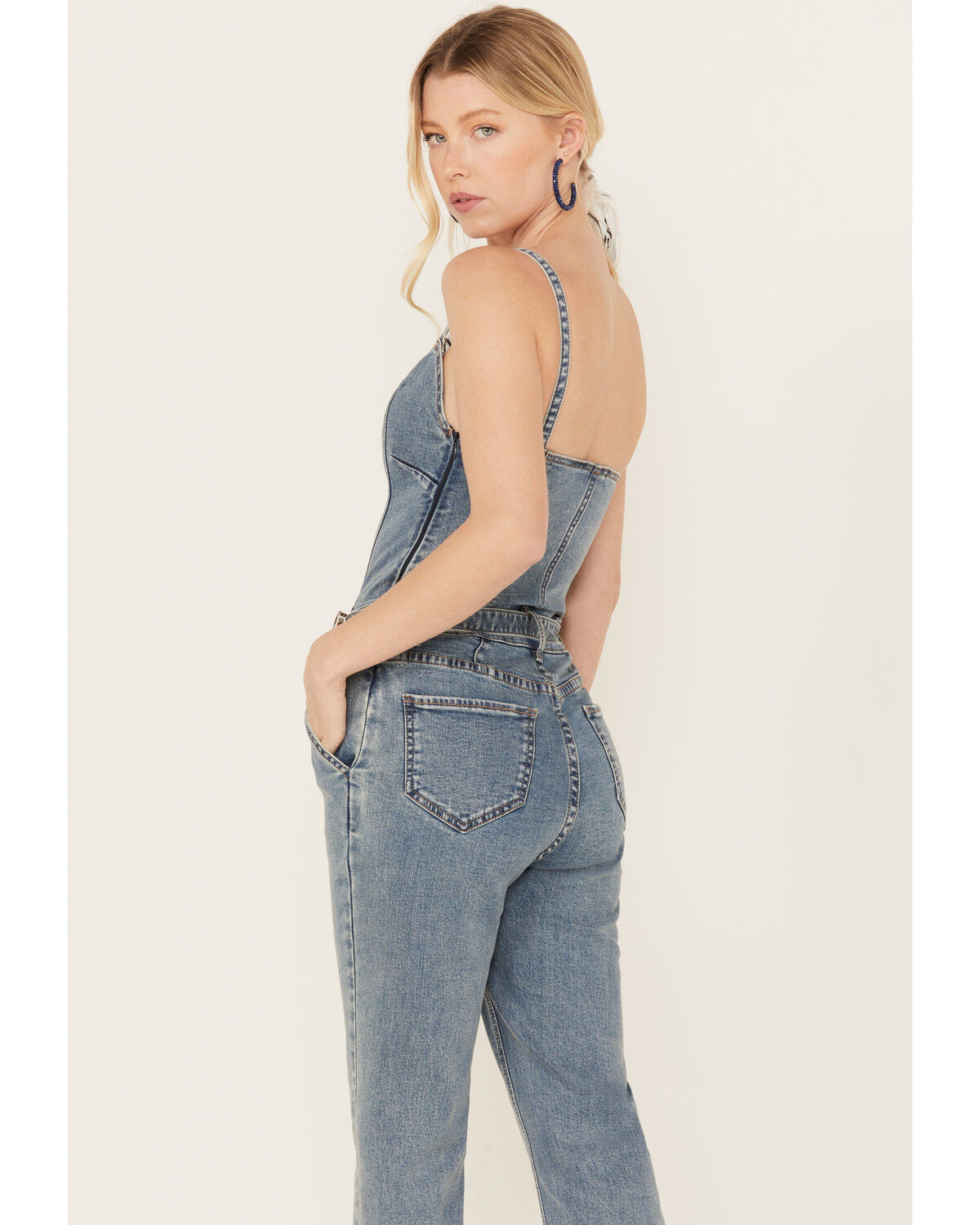 Image #5 - Rock & Roll Denim Women's Medium Wash Straight Leg Stretch Jumpsuit, Blue, hi-res