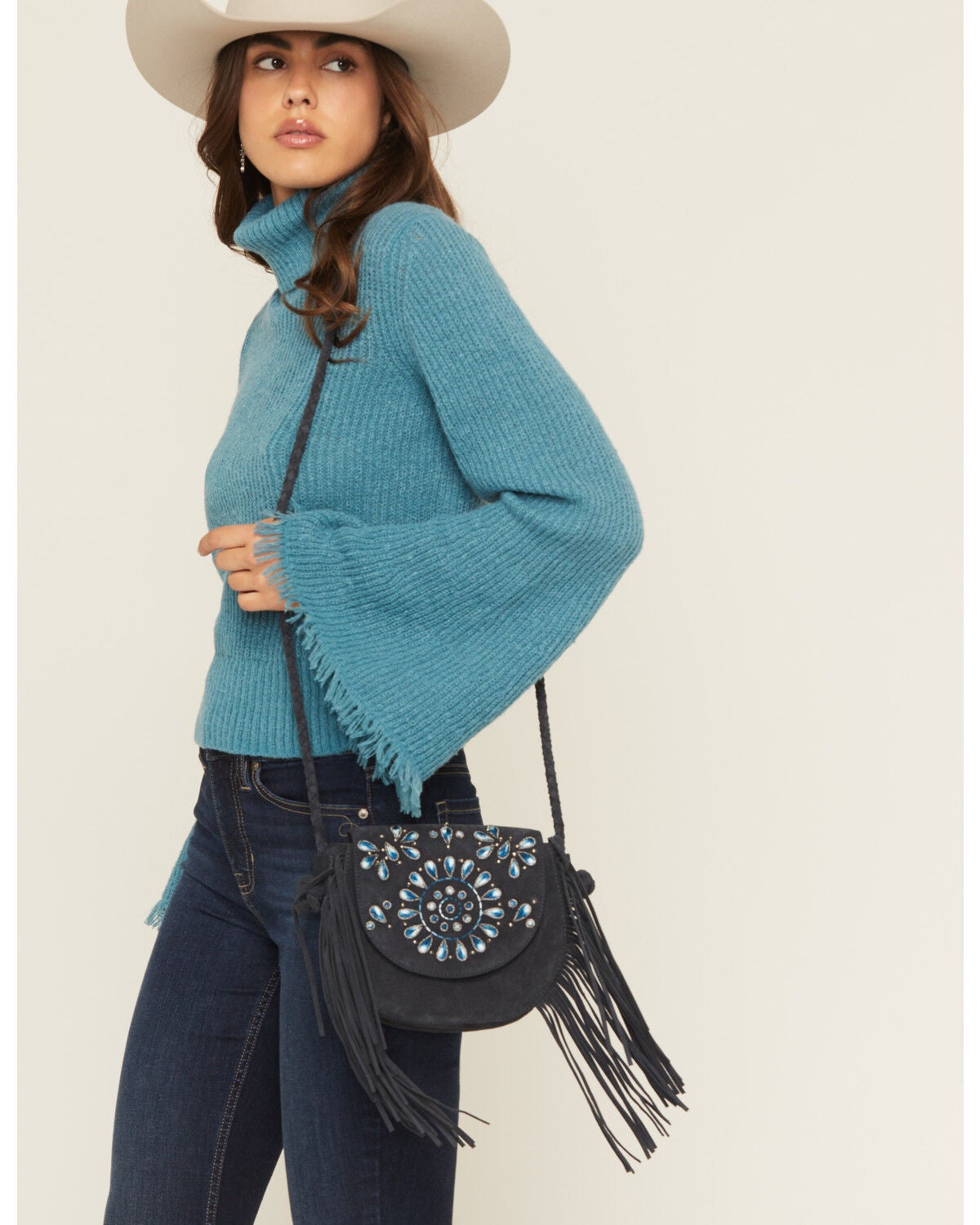 Shyanne Women's Belle Embroidered Fringe Suede Crossbody Bag, Navy, hi-res