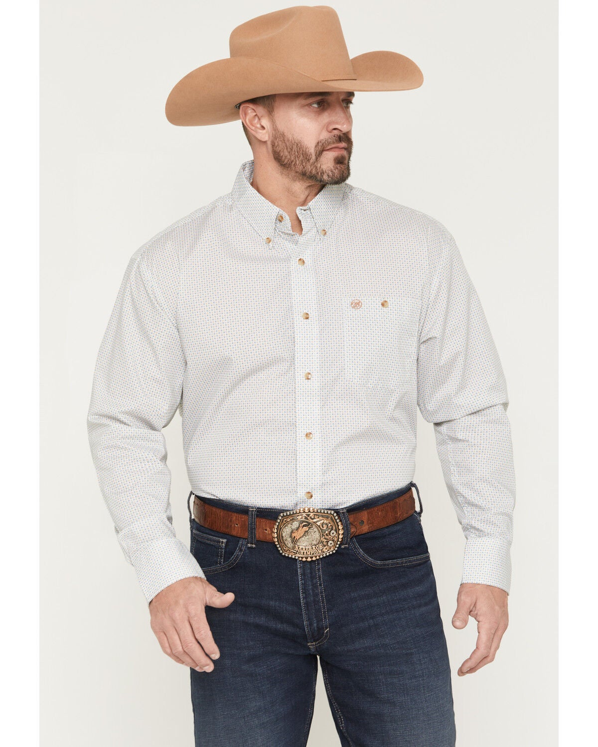 Image #1 - Wrangler Men's Classics Geo Print Long Sleeve Button-Down Western Shirt - Tall, Tan, hi-res