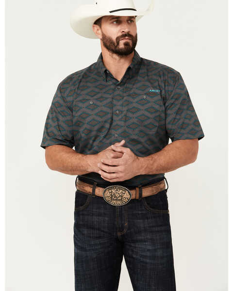 Image #1 - Ariat Men's 360 Airflow Southwestern Print Short Sleeve Button-Down Performance Shirt , Dark Grey, hi-res
