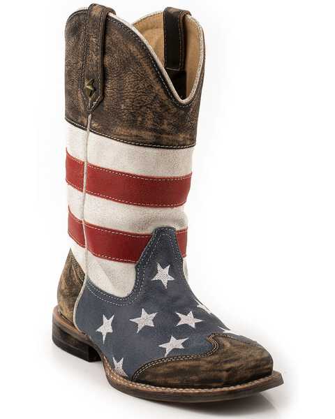 Roper Boys' American Flag Western Boots - Square Toe, Brown, hi-res