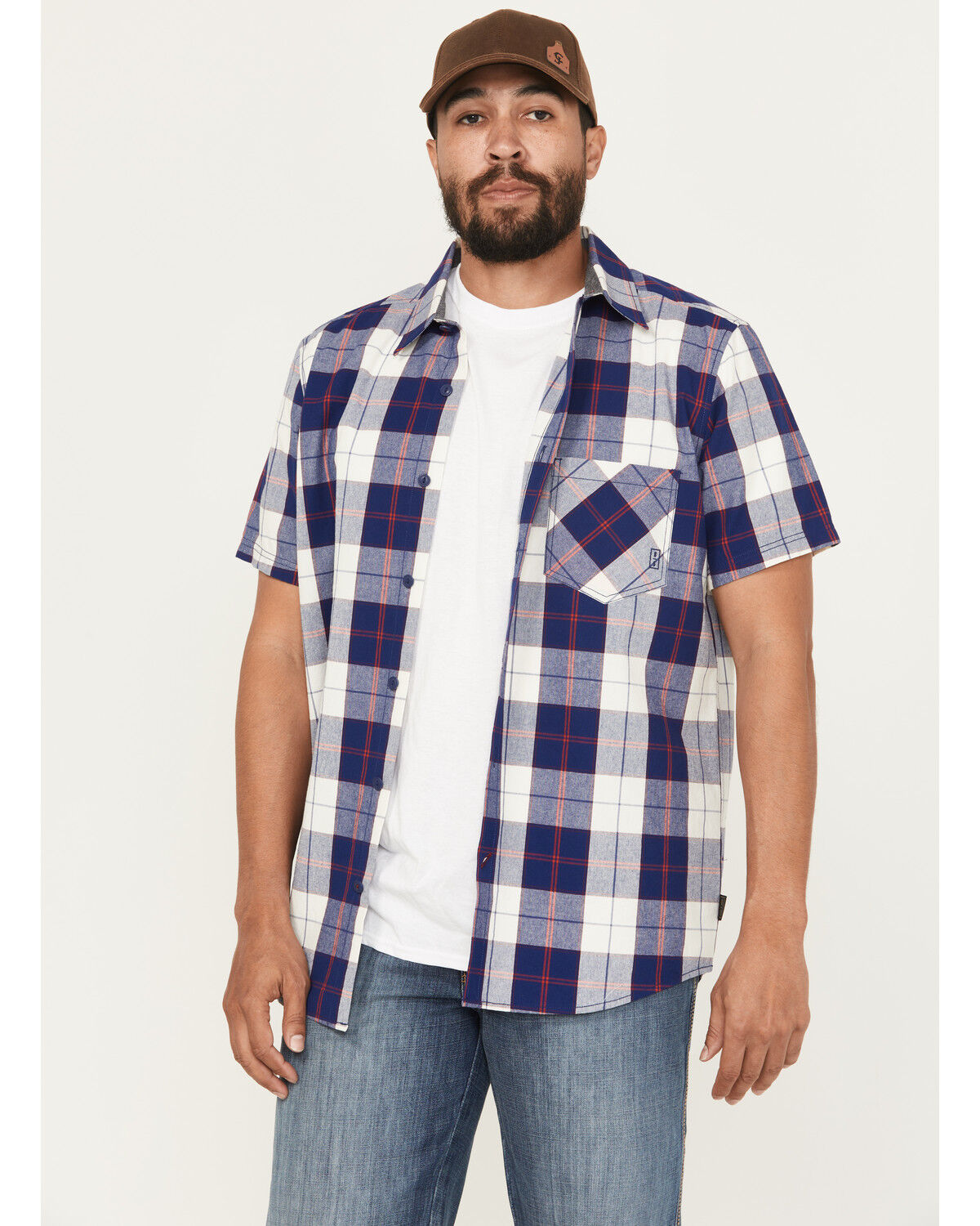 Image #1 - Brothers And Sons Calaveras Plaid Print Short Sleeve Button-Down Western Shirt, Indigo, hi-res