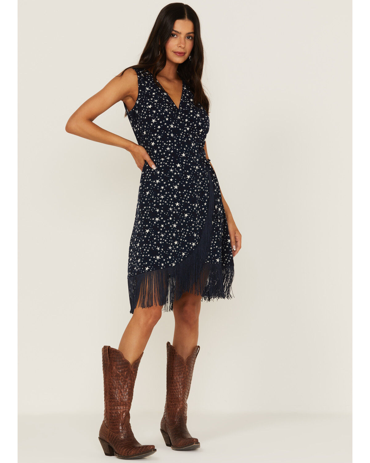 Image #2 - Idyllwind Women's Queens Lane Star Print Wrap Fringe Mini Dress, Navy, hi-res