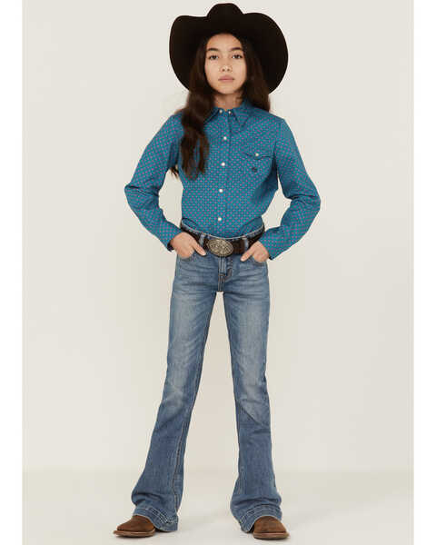 Image #2 - Roper Girls' Amarillo Geo Print Long Sleeve Western Pearl Snap Shirt, Sage, hi-res