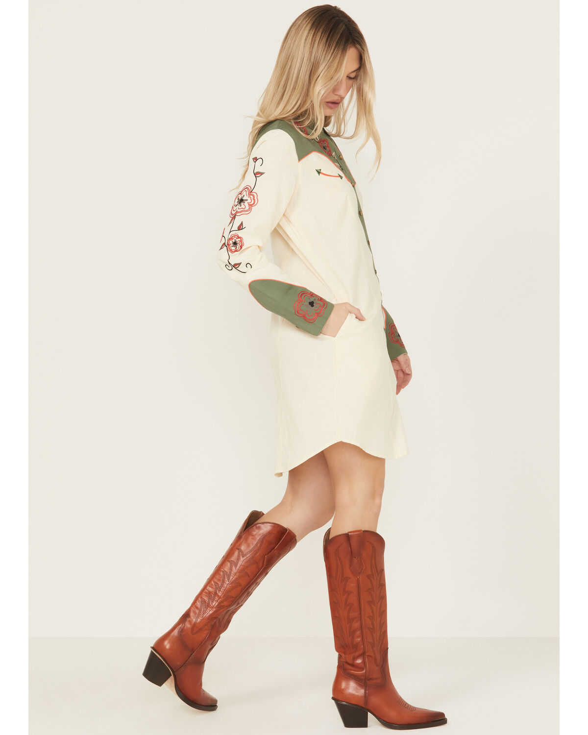 Image #2 - Panhandle Women's Retro Snap Embroidered Mini Shirt Dress, Cream, hi-res
